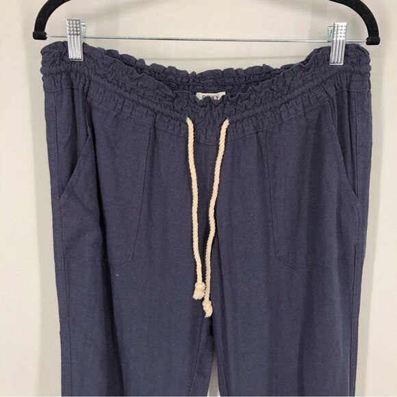 Roxy Pants Womens Large Linen Blend Navy Blue Pull On Elastic Drawstring Beach - Picture 3 of 13